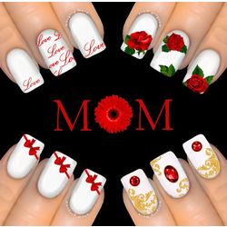 6Pc RED GIFT PACK MOTHERS DAY Nail Water Transfer Decal Sticker Art Tattoo