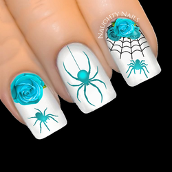 TURQUOISE Elegant Spider Rose Halloween Web Nail Water Decal Sticker Art Tattoo
