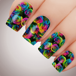 BED Of RAINBOW ROSES - Floral Full Cover Nail Decal Art Water Slider Transfer Tattoo Sticker