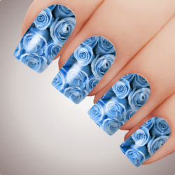 BED Of BLUE ROSES - Floral Full Cover Nail Decal Art Water Slider Transfer Tattoo Sticker