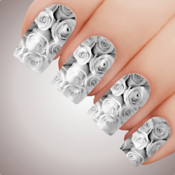 BED Of WHITE ROSES - Floral Full Cover Nail Decal Art Water Slider Transfer Tattoo Sticker