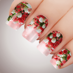 RED ROSE CASCADE Floral Wedding Full Cover Nail Decal Art Water Valentines Sticker
