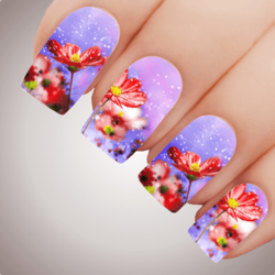RED WILDFLOWER Floral Full Cover Nail Decal Art Water Slider Transfer Tattoo Sticker