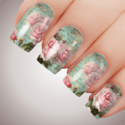 PINK POETRY ROSE Floral Full Cover Nail Decal Art Water Valentines Transfer Tattoo Sticker