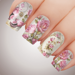 VICTORIAN PINK Floral Butterfly Full Cover Nail Decal Art Water Slider Transfer Tattoo Sticker