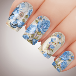 VICTORIAN BLUE Floral Butterfly Full Cover Nail Decal Art Water Slider Transfer Tattoo Sticker