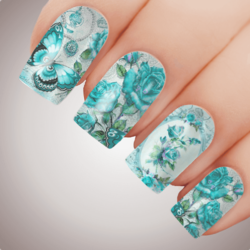 VICTORIAN AQUA BLUE Floral Butterfly Full Cover Nail Decal Art Water Slider Transfer Tattoo Sticker