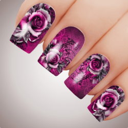 MAGENTA VIXEN ROSE Floral Full Cover Nail Decal Art Water Slider Transfer Tattoo Sticker