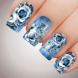 SWEET BLUE VIXEN ROSE Floral Full Cover Nail Decal Art Water Slider Transfer Tattoo Sticker