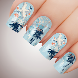 ORIENTAL CRANE Floral Full Cover Nail Decal Art Water Slider Transfer