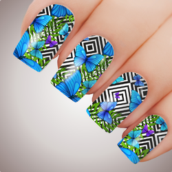 AZTEC BUTTERFLY BLUE Floral Full Cover Nail Decal Art Water Slider Transfer