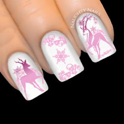PINK SNOWSTORM REINDEER Christmas Nail Decal Xmas Water Transfer Sticker Tattoo