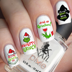 NAUGHTY GRINCH Christmas Nail Decal Xmas Water Transfer Sticker Tattoo