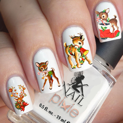 ADORABLE REINDEER Christmas Vintage Nail Decal Xmas Water Transfer Sticker Tattoo