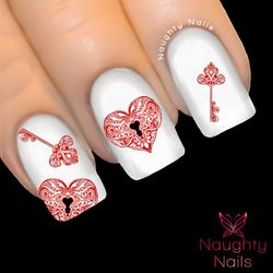 RED HEART LOCK & KEY Love Valentines Day Nail Water Transfer Decal Sticker Art