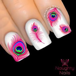 ETHEREAL PINK PEACOCK Feather Nail Water Transfer Decal Sticker Art Tattoo