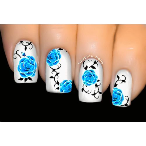 ROSES OF BLUE Flower Nail Water Transfer Decal Sticker Art Tattoo