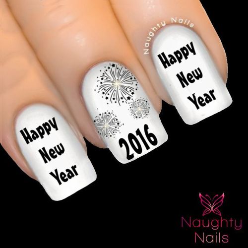 Black HAPPY NEW YEAR 2016 Party Nail Water Transfer Decal Sticker Fireworks