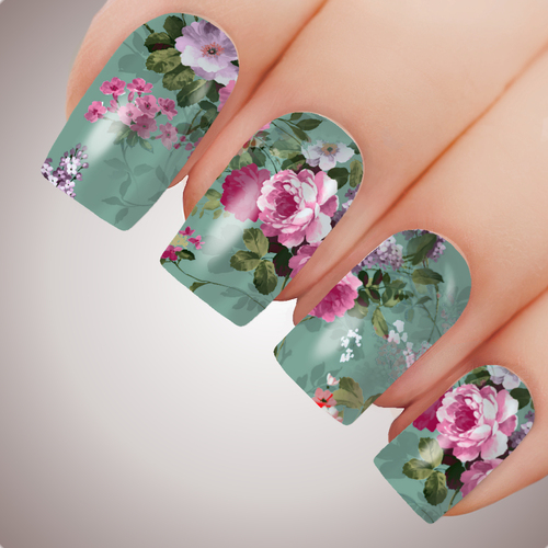 WILDFLOWER in TEAL Peony Full Cover Nail Decal Art Water Slider Sticker