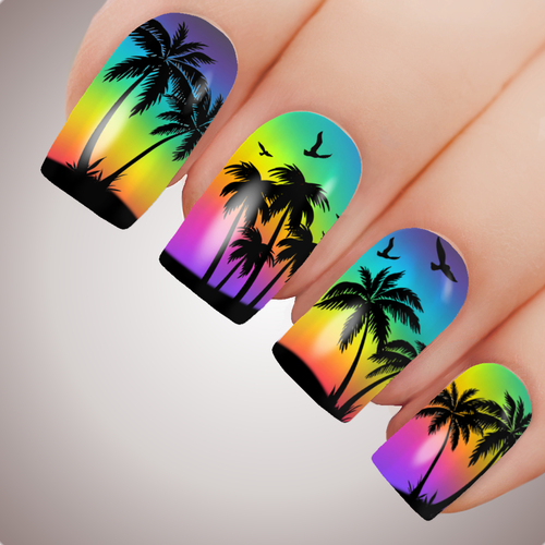 PARADISE PALM Tree Rainbow Full Cover Nail Decal Art Water Slider Sticker