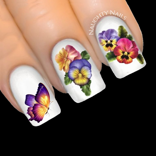 PANSY & BUTTERFLY Nail Art Water Tattoo Transfer Decal Sticker Flower