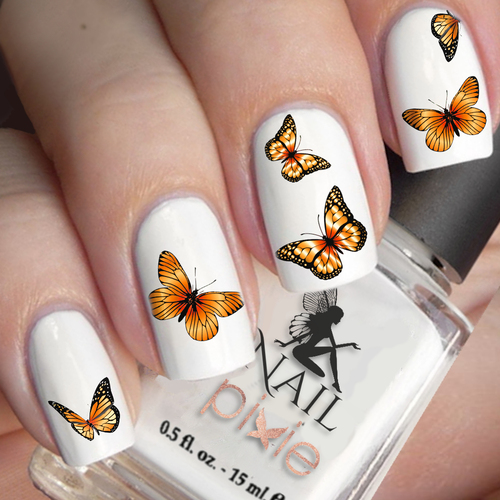 BEWITCHING Orange BUTTERFLY Nail Decal Art Water Slider Sticker Transfer Monarch