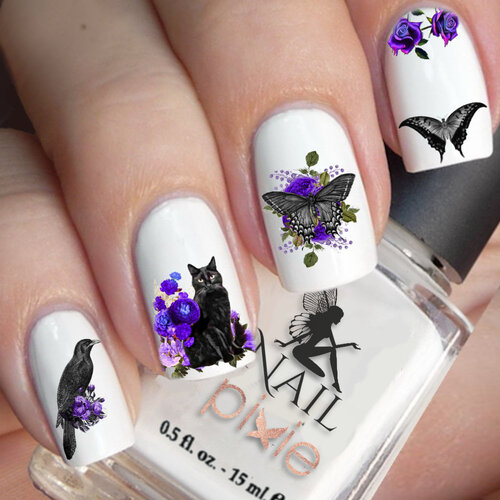 Purple BEWITCHING SHADOW Nail Decal Cat Raven Halloween Gothic Art Water Sticker