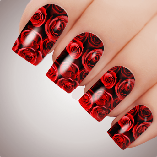 BED Of RED ROSES - Floral Full Cover Nail Decal Art Water Valentines Transfer Sticker
