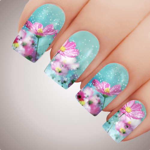 PINK WILDFLOWER Floral Full Cover Nail Decal Art Water Slider Transfer Tattoo Sticker