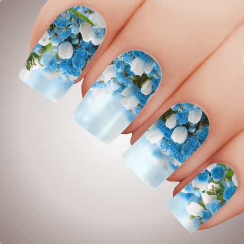 BLUE ROSE CASCADE Floral Wedding Full Cover Nail Decal Art Water Slider Transfer Tattoo Sticker