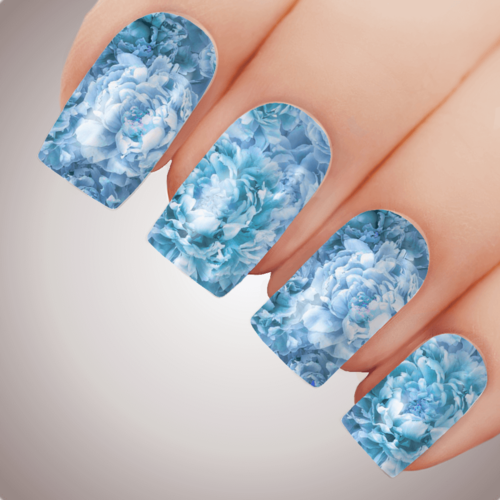 BLUE PEONY Floral Full Cover Nail Decal Art Water Slider Transfer Tattoo Sticker