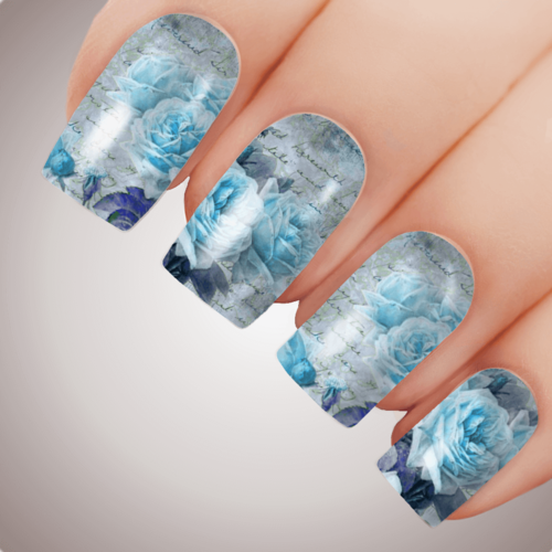 BLUE POETRY ROSE Floral Full Cover Nail Decal Art Water Valentines Transfer Tattoo Sticker