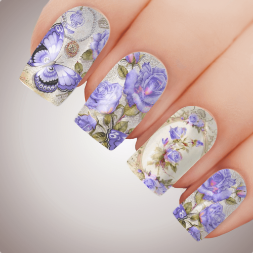 VICTORIAN PURPLE Floral Butterfly Full Cover Nail Decal Art Water Slider Transfer Tattoo Sticker