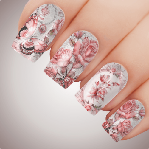 VICTORIAN ROSE PINK Floral Butterfly Full Cover Nail Decal Art Water Valentines Transfer Tattoo Sticker