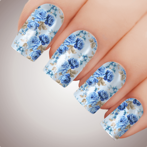 ANGELIC BLUE ROSE Floral Full Cover Nail Decal Art Water Slider Transfer Tattoo Sticker