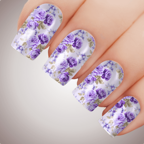 ANGELIC PURPLE ROSE Floral Full Cover Nail Decal Art Water Slider Transfer Tattoo Sticker