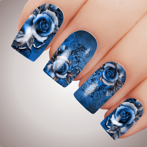 BLUE VIXEN ROSE Floral Full Cover Nail Decal Art Water Slider Transfer Tattoo Sticker