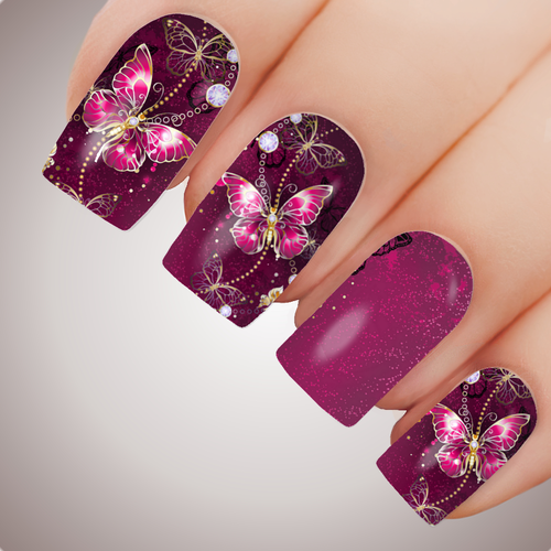 MAGENTA BUTTERFLY Floral Full Cover Nail Decal Art Water Slider Transfer