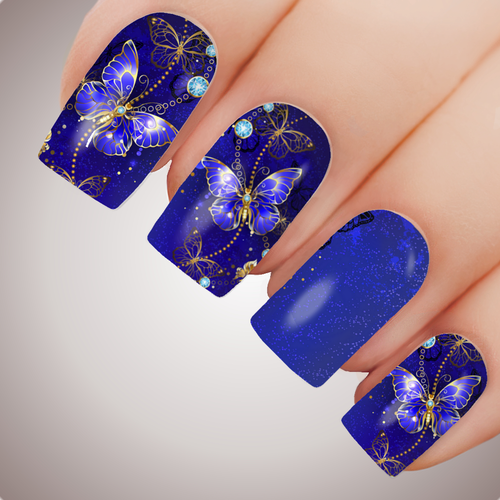 SAPPHIRE BUTTERFLY Floral Full Cover Nail Decal Art Water Slider Transfer