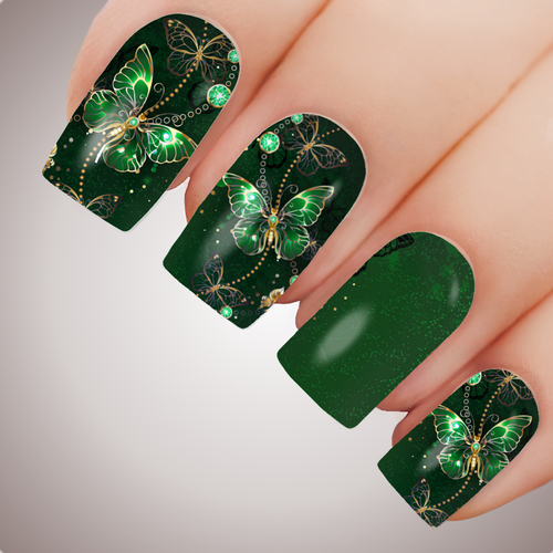 EMERALD BUTTERFLY Floral Full Cover Nail Decal Art Water Slider Transfer