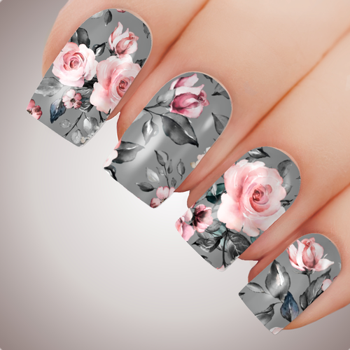 PINK GREY ROSE Floral Full Cover Nail Decal Art Water Slider Transfer Tattoo Sticker