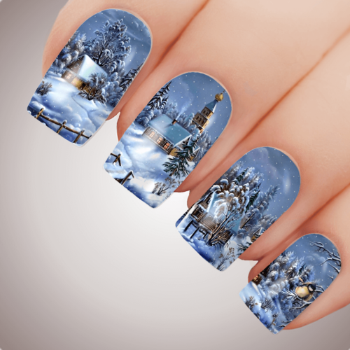 SNOWY CHRISTMAS TOWN Nail Decal Water Transfer Xmas Sticker Tattoo