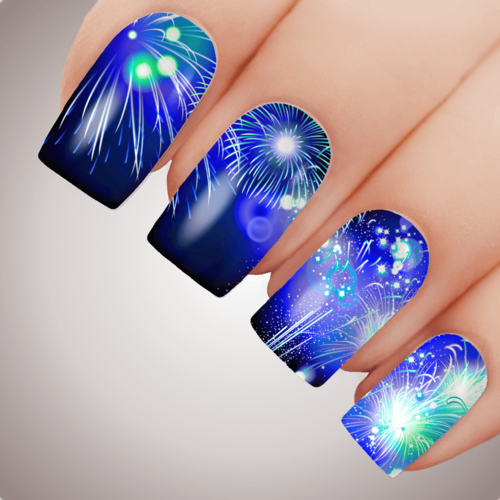 BLUE FIREWORKS New Years Eve Nail Decal Party Celebration Water Transfer Sticker Tattoo