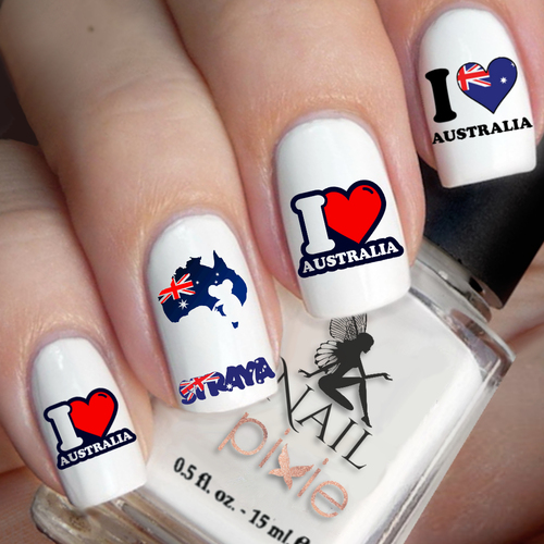 I LOVE AUSTRALIA Aussie Day Koala Heart Nail Art Decal Water Tattoo Sticker