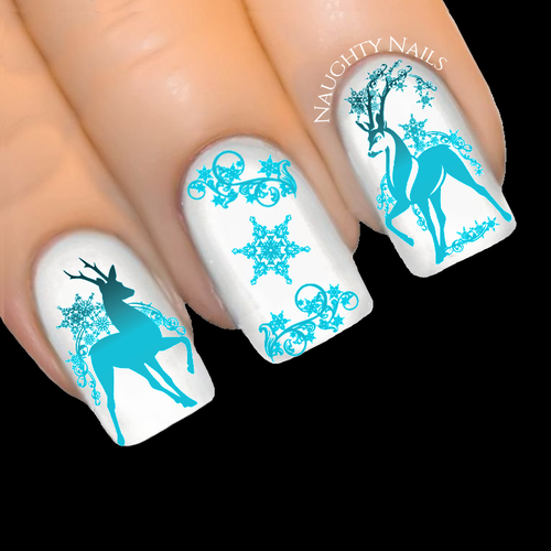 TURQUOISE SNOWSTORM REINDEER Christmas Nail Decal Xmas Water Transfer Sticker Tattoo