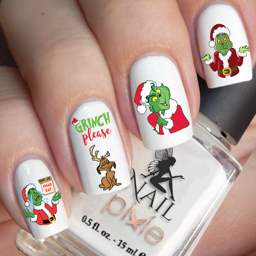GRINCH PLEASE Christmas Nail Decal Xmas Water Transfer Sticker Tattoo