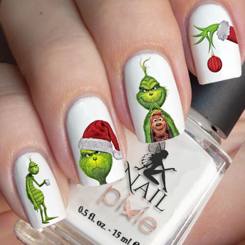 PAINTED GRINCH Christmas Nail Decal Xmas Water Transfer Sticker Tattoo