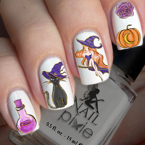 WITCH in PURPLE Nail Decal Halloween Water Transfer Sticker Tattoo