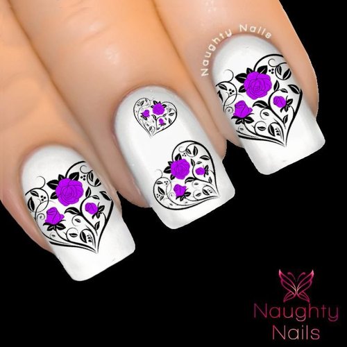 PURPLE ENTWINED HEARTS Love Valentines Day Nail Water Transfer Decal Sticker ROSE