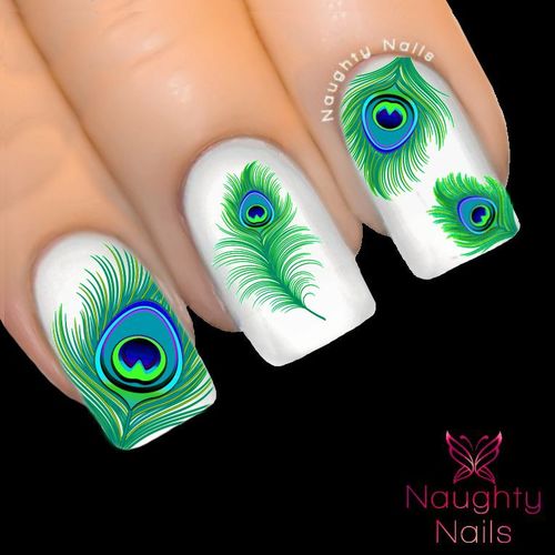ETHEREAL JADE PEACOCK Feather Nail Water Transfer Decal Sticker Art Tattoo